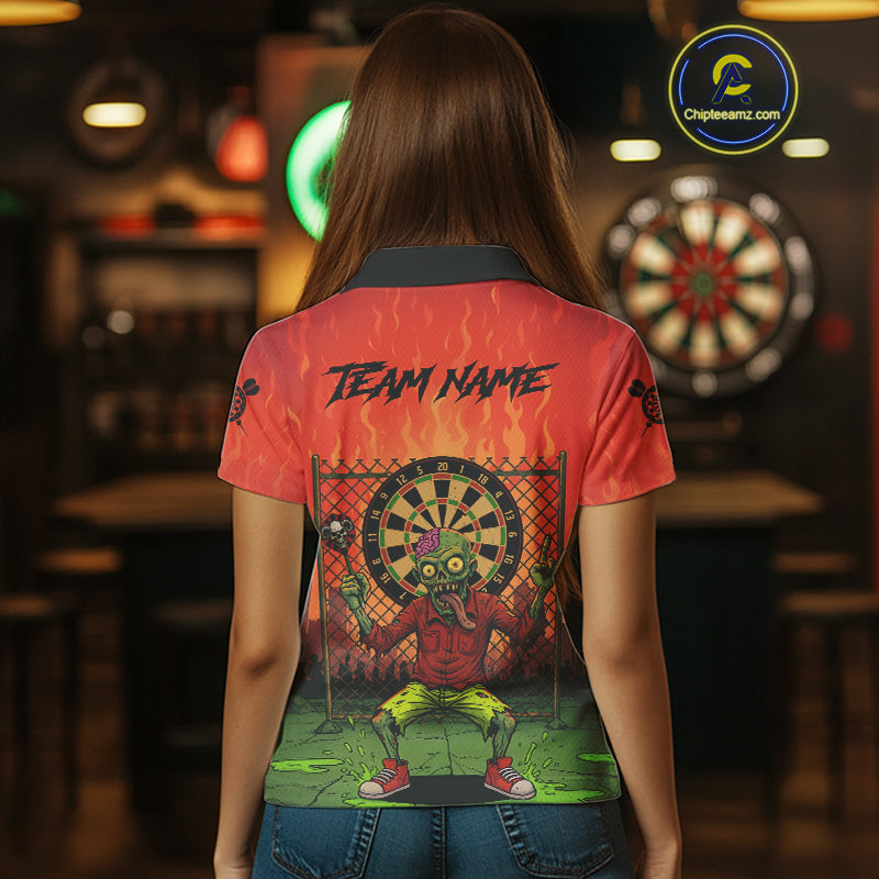 Custom Green & Orange Funny Zombie Dartboard Dart Women Polo Jerseys Funny Dart Shirts NYN1742