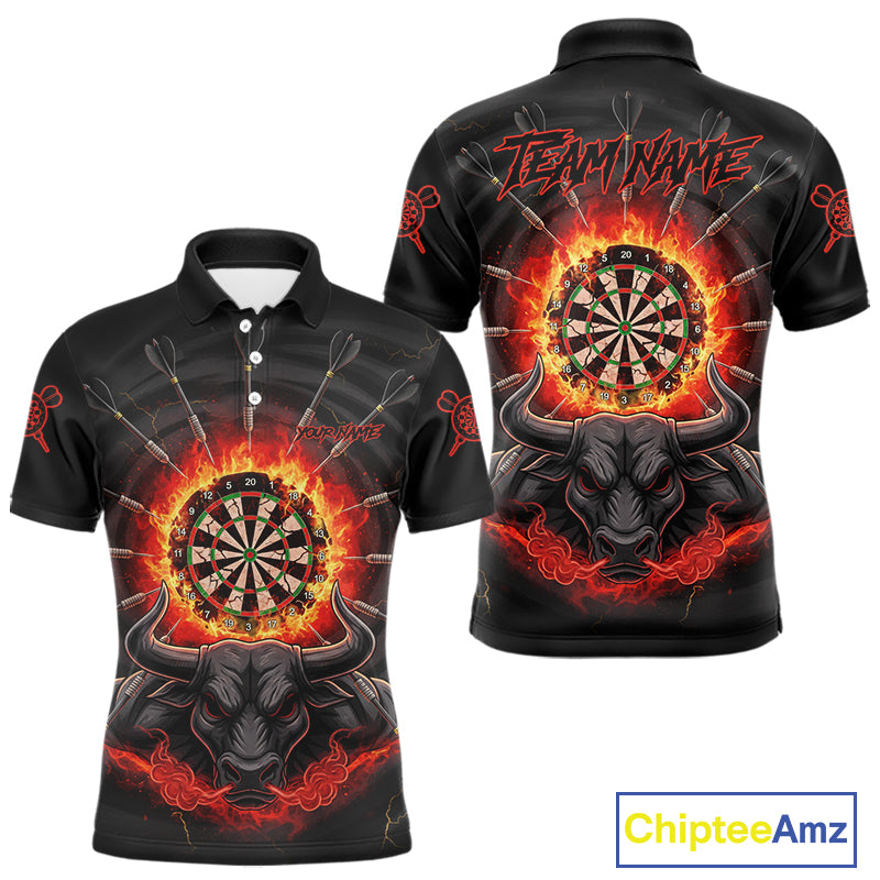 Funny Bull Red Flames Dartboard Dart Arrow Custom Men Polo Darts Shirt Dart Gifts NYN2016