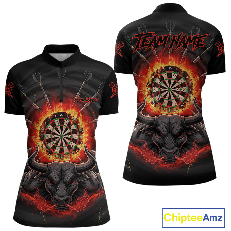 Funny Bull Red Flames Dartboard Dart Arrow Custom Women Quarter-Zip Darts Shirt Dart Gifts NYN2016
