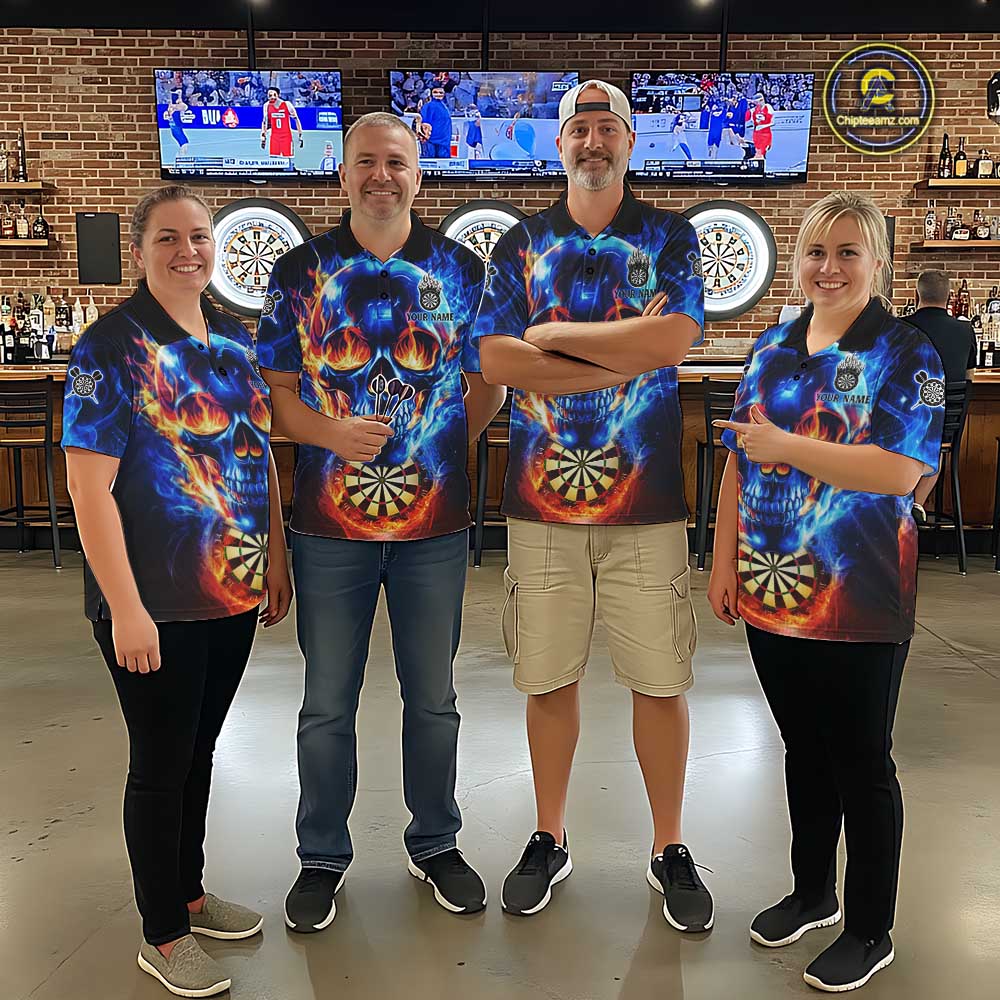 Red And Blue Flames Skull Dartboard Custom Women Darts Quarter-Zip  League Shirts Skull Dart Jerseys NYN2250
