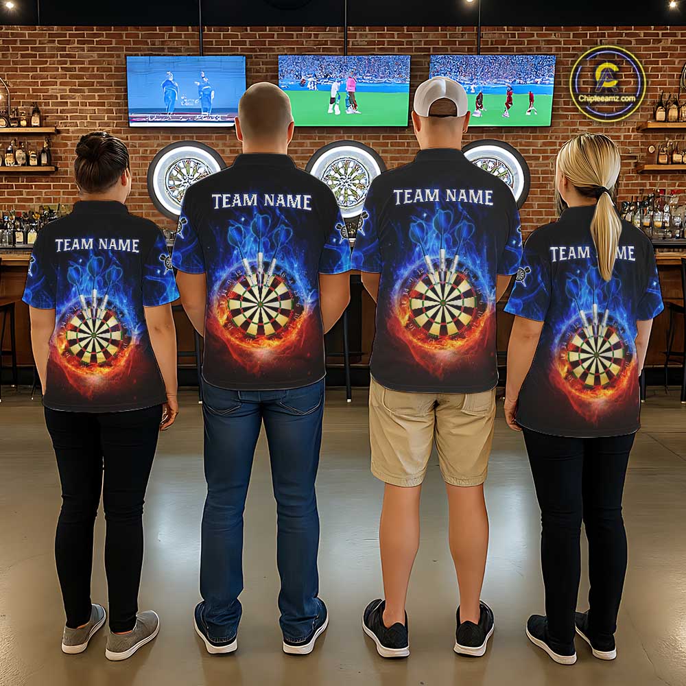 Red And Blue Flames Skull Dartboard Custom Women Darts Quarter-Zip  League Shirts Skull Dart Jerseys NYN2250