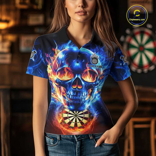 Red And Blue Flames Skull Dartboard Custom Women Darts Polo League Shirts Skull Dart Jerseys NYN2250