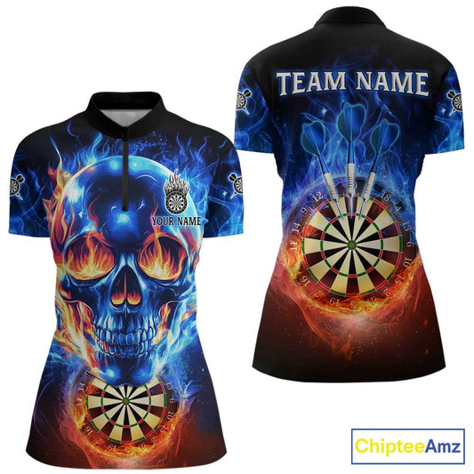 Red And Blue Flames Skull Dartboard Custom Women Darts Quarter-Zip  League Shirts Skull Dart Jerseys NYN2250