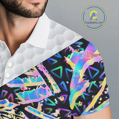Personalized Mens Golf Polo Shirt Custom Name Holographic And White Golf Ball Golf Attire NYN2912