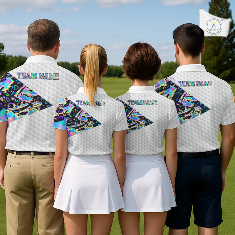 Personalized Mens Golf Polo Shirt Custom Name Holographic And White Golf Ball Golf Attire NYN2912