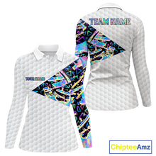 Load image into Gallery viewer, Personalized Womens Golf Polo Shirt Custom Name Holographic And White Golf Ball Golf Attire NYN2912