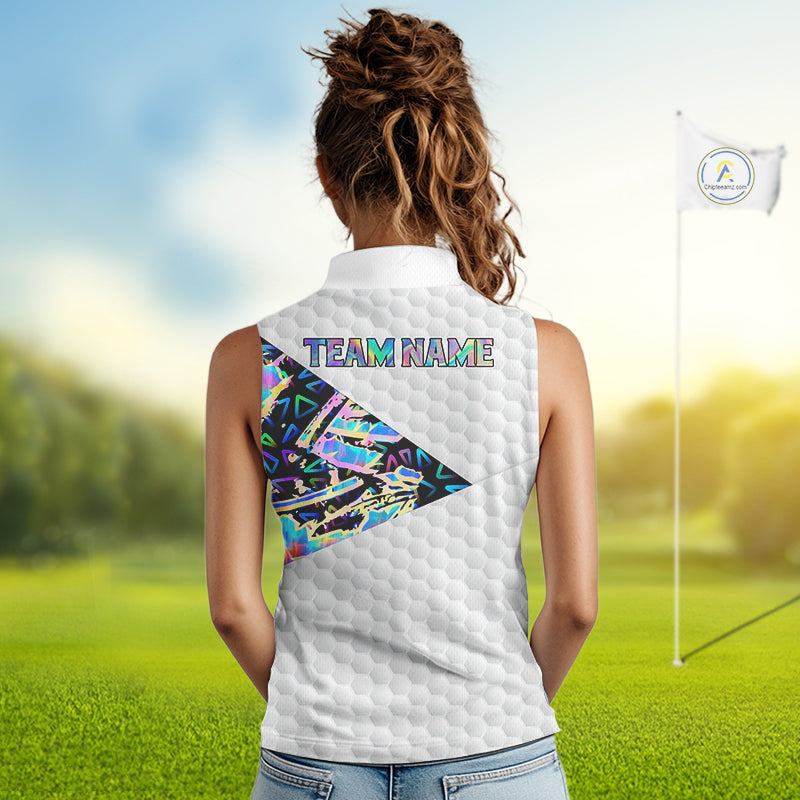 Personalized Womens Sleeveless Golf Polo Shirt Custom Name Holographic And White Golf Ball Golf Attire NYN2912