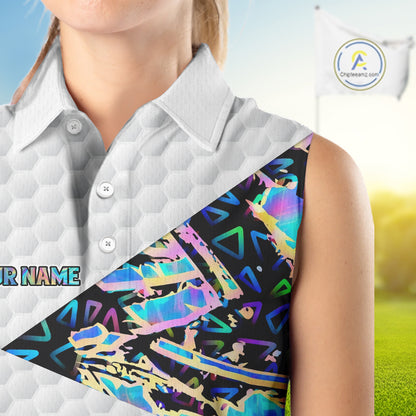 Personalized Womens Sleeveless Golf Polo Shirt Custom Name Holographic And White Golf Ball Golf Attire NYN2912