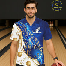 Load image into Gallery viewer, Male and female models wearing Gold and Blue Flames bowling Hawaiian shirts, vibrant tropical bowling button-up apparel, custom league team clothing, resort vacation outfit symbolizing energy, confidence, victory and teamwork