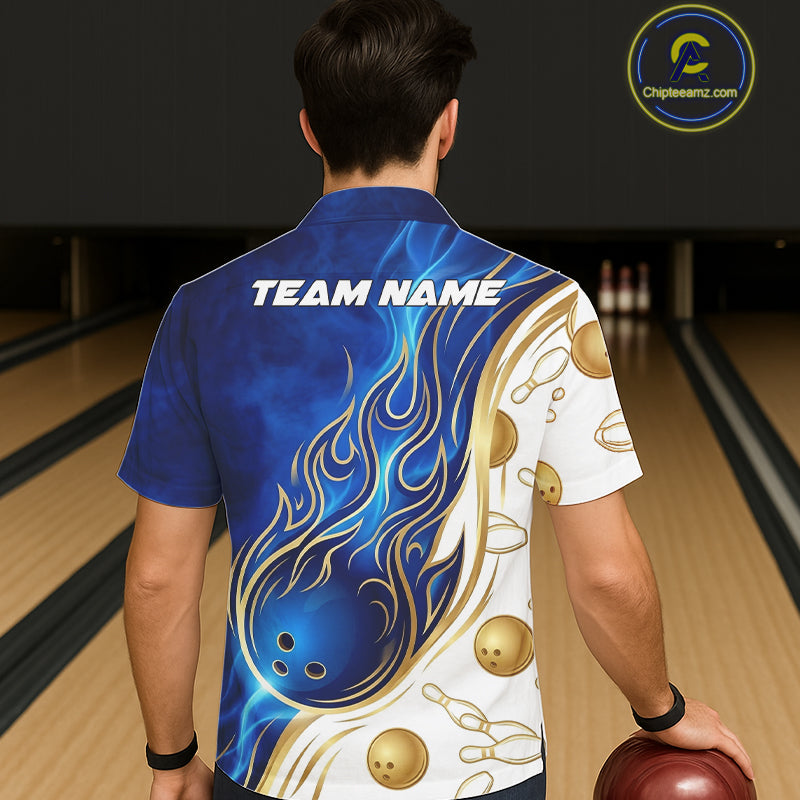 Male and female models wearing Gold and Blue Flames bowling Hawaiian shirts, vibrant tropical bowling button-up apparel, custom league team clothing, resort vacation outfit symbolizing energy, confidence, victory and teamwork