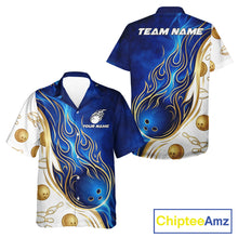 Load image into Gallery viewer, Gold and Blue Flames bowling Hawaiian shirt featuring dynamic flame artwork, custom bowling button-up shirt, tropical aloha bowling apparel, personalized league uniform, lightweight vacation bowling team shirt with performance-inspired graphics