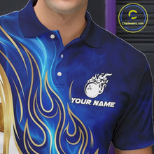 Load image into Gallery viewer, Custom Gold And Blue Flames Bowling Team Jerseys, Bowling League Polo &amp; 1/4-Zip Shirt For Men NYN2917