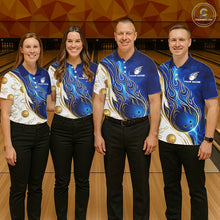 Load image into Gallery viewer, Custom Gold And Blue Flames Bowling Team Jerseys, Bowling League Polo &amp; 1/4-Zip Shirt For Women NYN2917