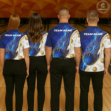 Load image into Gallery viewer, Custom Gold And Blue Flames Bowling Team Jerseys, Bowling League Polo &amp; 1/4-Zip Shirt For Women NYN2917