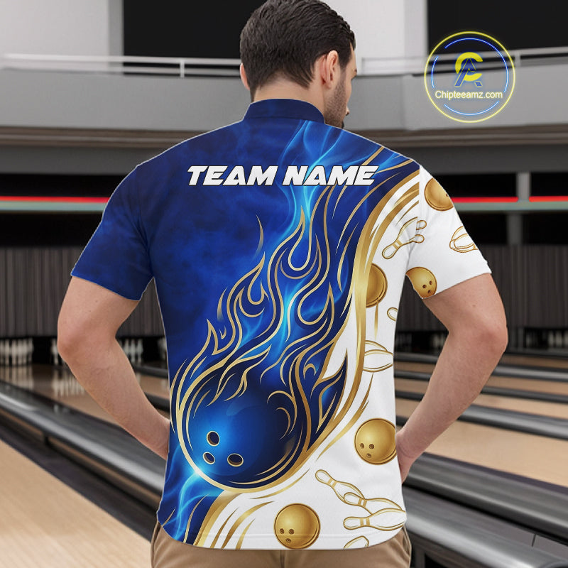 Custom Gold And Blue Flames Bowling Team Jerseys, Bowling League Polo & 1/4-Zip Shirt For Men NYN2917
