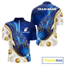 Load image into Gallery viewer, Custom Gold And Blue Flames Bowling Team Jerseys, Bowling League Polo &amp; 1/4-Zip Shirt For Men NYN2917