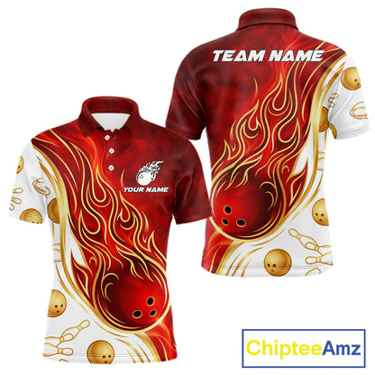 Custom Gold And Red Flames Bowling Team Jerseys, Bowling League Polo & 1/4-Zip Shirt For Men NYN2918