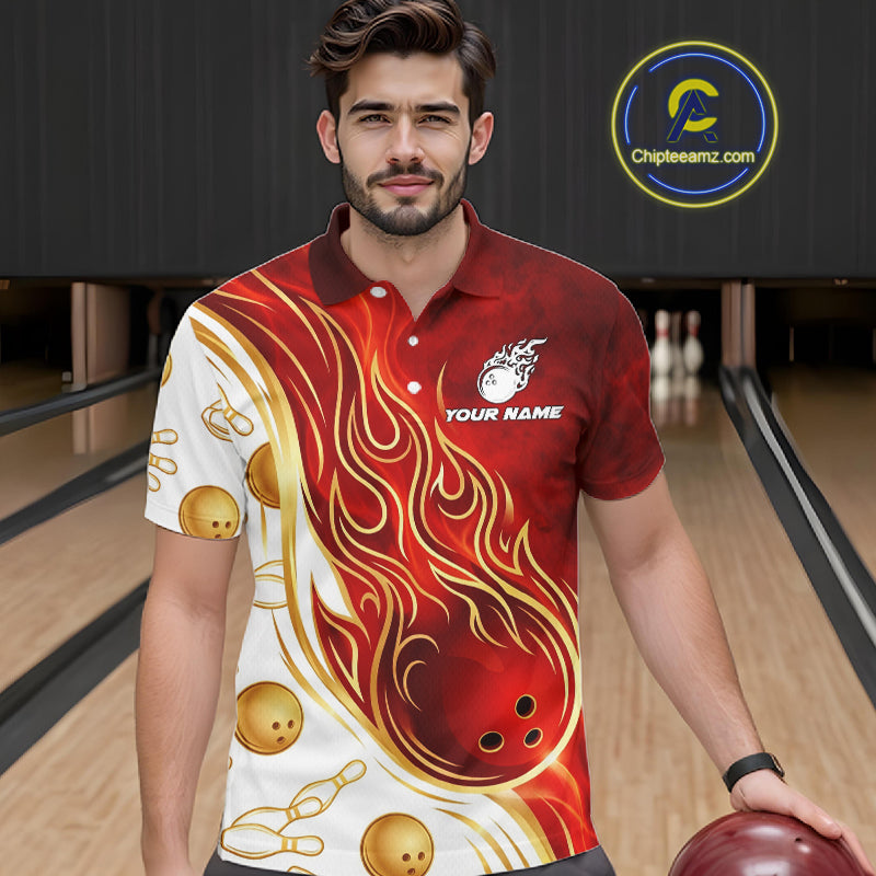Custom Gold And Red Flames Bowling Team Jerseys, Bowling League Polo & 1/4-Zip Shirt For Men NYN2918
