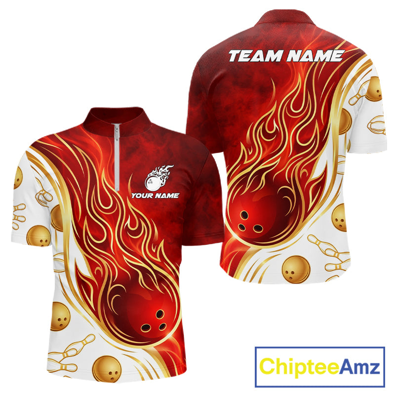 Custom Gold And Red Flames Bowling Team Jerseys, Bowling League Polo & 1/4-Zip Shirt For Men NYN2918