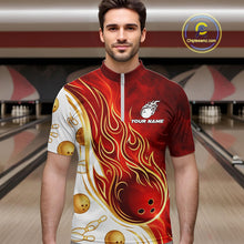 Load image into Gallery viewer, Custom Gold And Red Flames Bowling Team Jerseys, Bowling League Polo &amp; 1/4-Zip Shirt For Men NYN2918