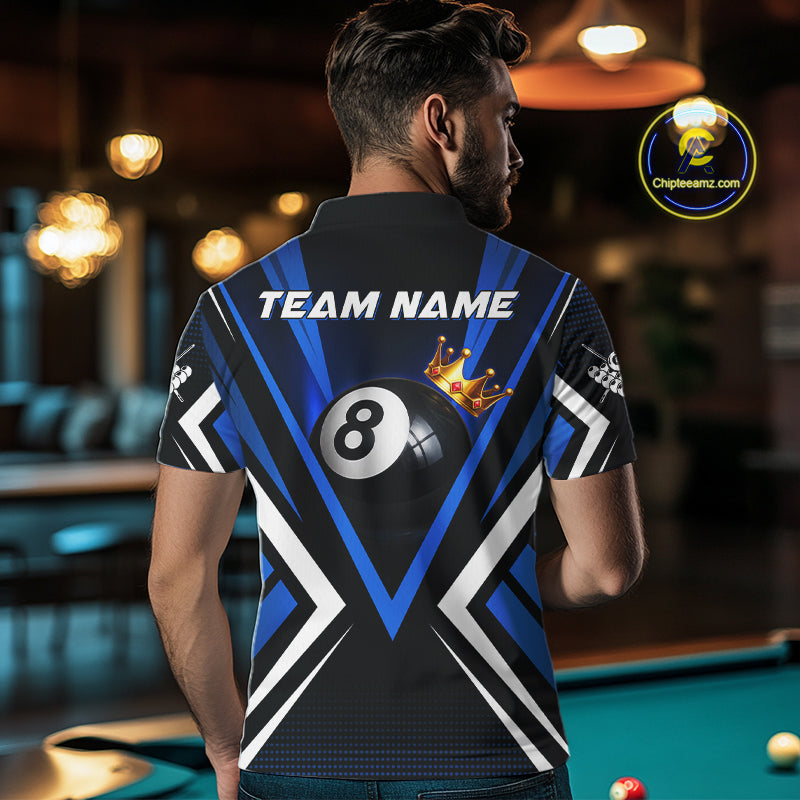 Personalized Crown 8 Ball Pool Black And Blue Polo Shirts For Men, Custom Billiard Team Apparel NYN3292