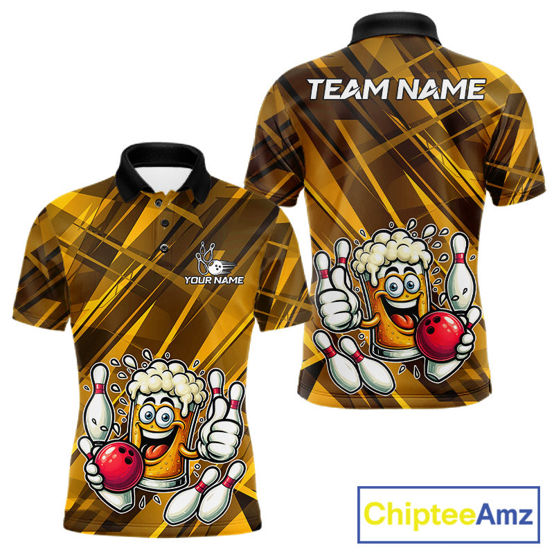 Neon Yellow Funny Beer Bowling Shirt For Men Custom Beer Bowling League Polo & 1/4-Zip Jersey NYN4178