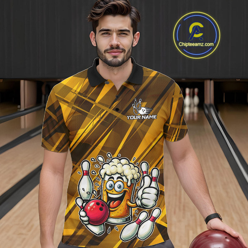 Neon Yellow Funny Beer Bowling Shirt For Men Custom Beer Bowling League Polo & 1/4-Zip Jersey NYN4178