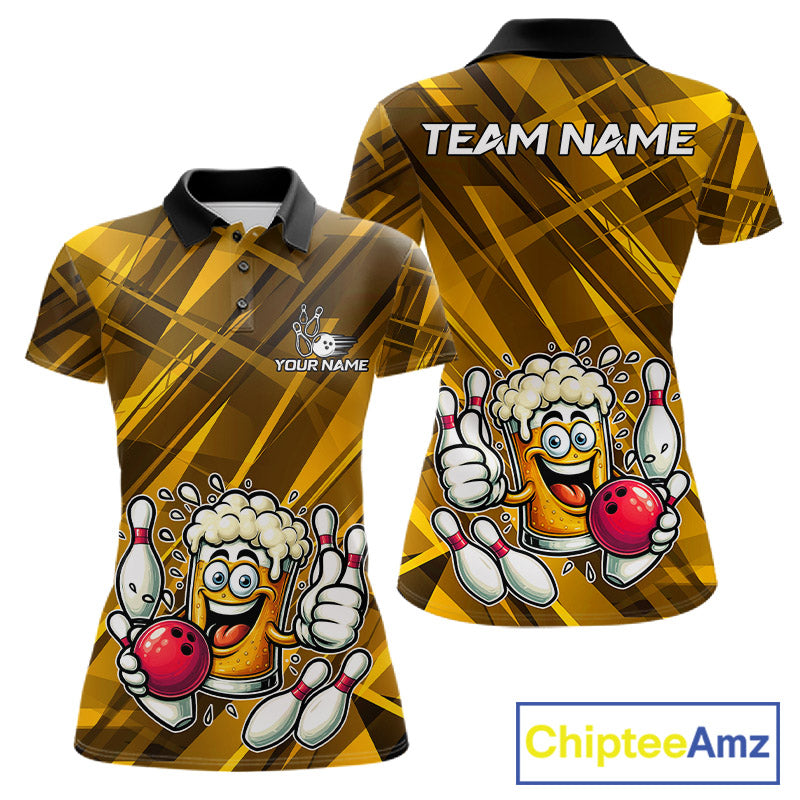 Neon Yellow Funny Beer Bowling Shirt For Women Custom Beer Bowling League Polo & 1/4-Zip Jersey NYN4178