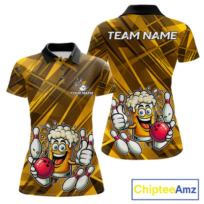 Neon Yellow Funny Beer Bowling Shirt For Women Custom Beer Bowling League Polo & 1/4-Zip Jersey NYN4178