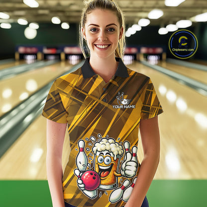 Neon Yellow Funny Beer Bowling Shirt For Women Custom Beer Bowling League Polo & 1/4-Zip Jersey NYN4178