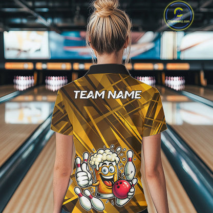 Neon Yellow Funny Beer Bowling Shirt For Women Custom Beer Bowling League Polo & 1/4-Zip Jersey NYN4178
