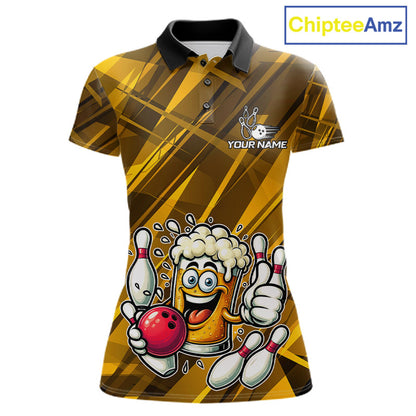 Neon Yellow Funny Beer Bowling Shirt For Women Custom Beer Bowling League Polo & 1/4-Zip Jersey NYN4178