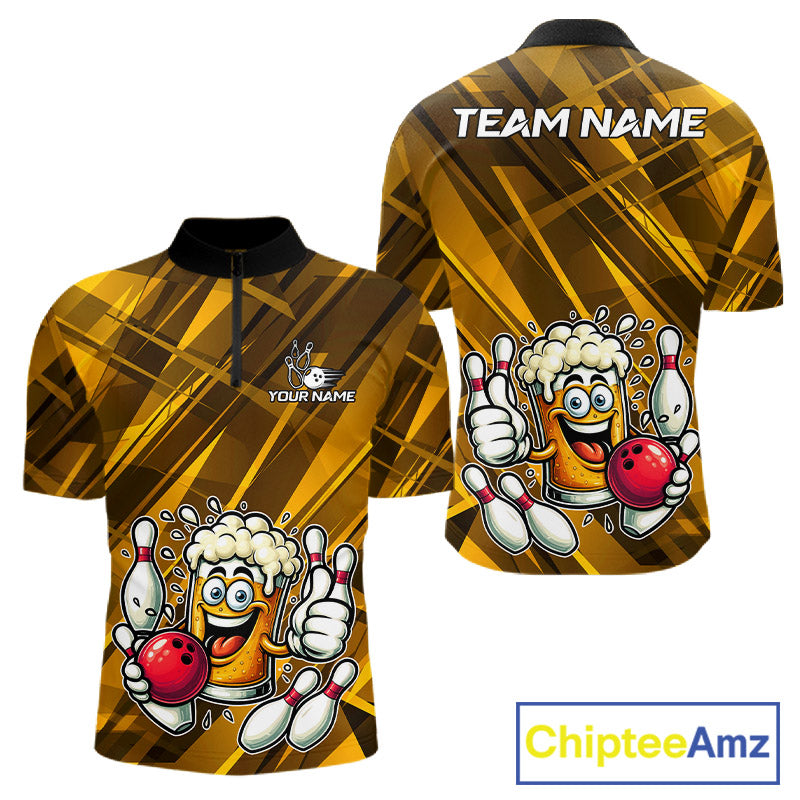 Neon Yellow Funny Beer Bowling Shirt For Men Custom Beer Bowling League Polo & 1/4-Zip Jersey NYN4178