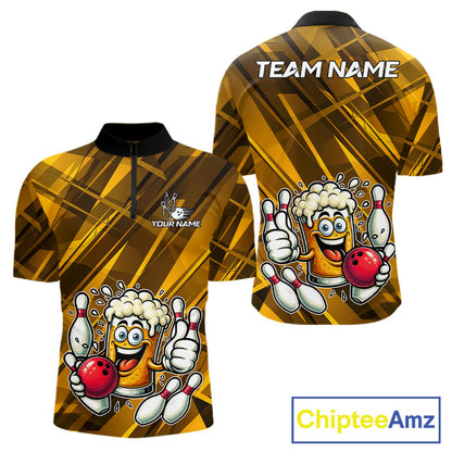 Neon Yellow Funny Beer Bowling Shirt For Men Custom Beer Bowling League Polo & 1/4-Zip Jersey NYN4178