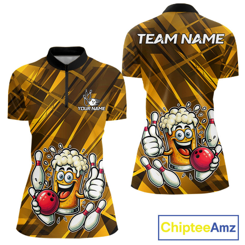 Neon Yellow Funny Beer Bowling Shirt For Women Custom Beer Bowling League Polo & 1/4-Zip Jersey NYN4178