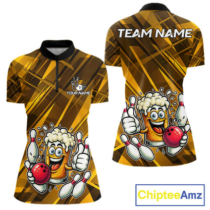 Neon Yellow Funny Beer Bowling Shirt For Women Custom Beer Bowling League Polo & 1/4-Zip Jersey NYN4178
