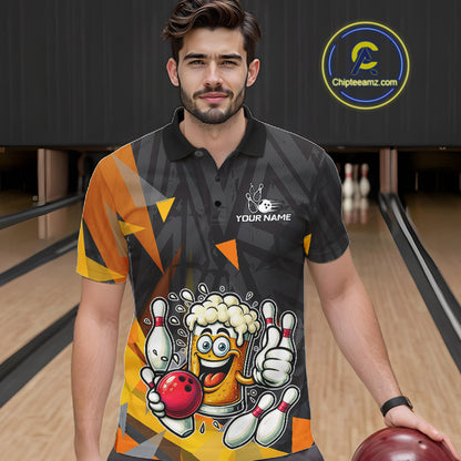Black & Orange Funny Beer Bowling Shirt For Men Custom Beer Bowling League Polo & 1/4-Zip Jersey NYN4179