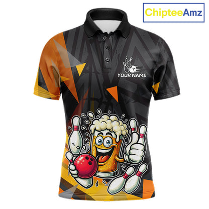 Black & Orange Funny Beer Bowling Shirt For Men Custom Beer Bowling League Polo & 1/4-Zip Jersey NYN4179