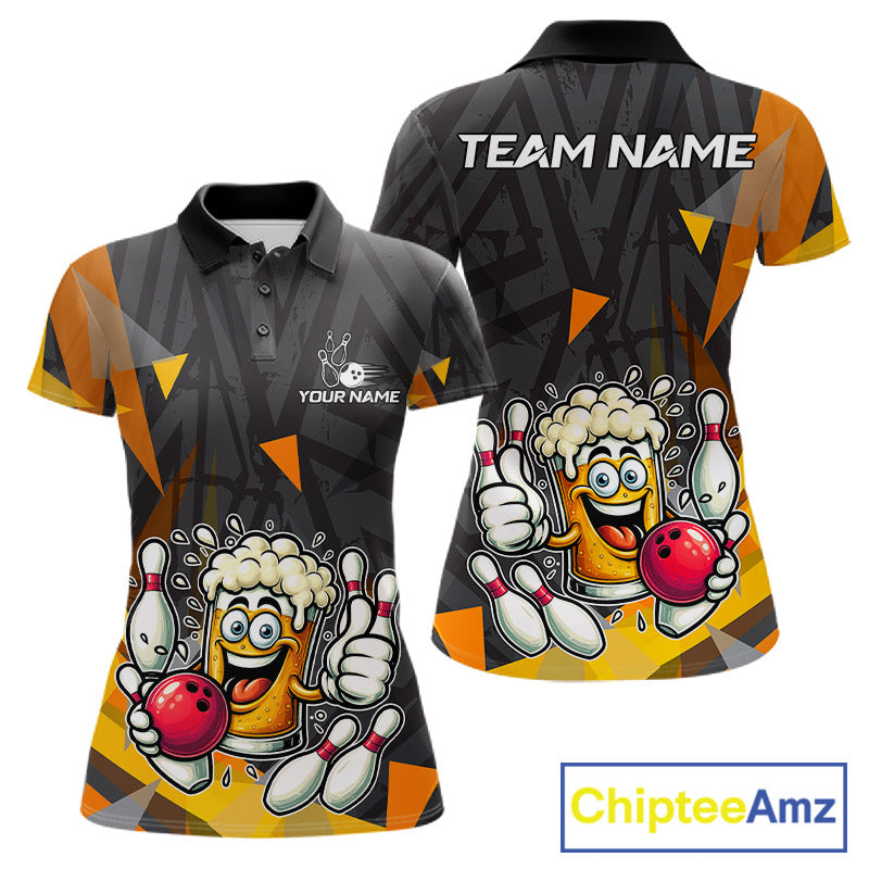 Black & Orange Funny Beer Bowling Shirt For Women Custom Beer Bowling League Polo & 1/4-Zip Jersey NYN4179