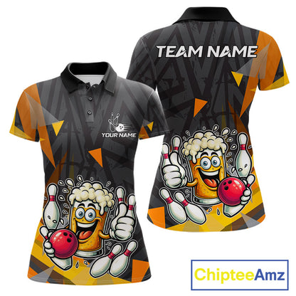 Black & Orange Funny Beer Bowling Shirt For Women Custom Beer Bowling League Polo & 1/4-Zip Jersey NYN4179