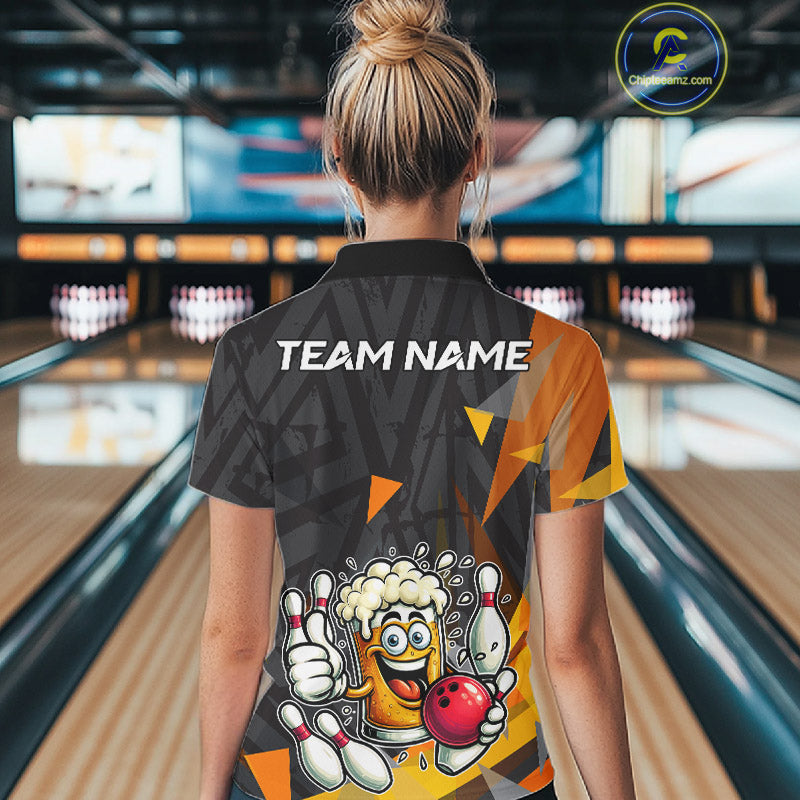 Black & Orange Funny Beer Bowling Shirt For Women Custom Beer Bowling League Polo & 1/4-Zip Jersey NYN4179