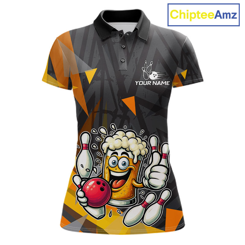 Black & Orange Funny Beer Bowling Shirt For Women Custom Beer Bowling League Polo & 1/4-Zip Jersey NYN4179