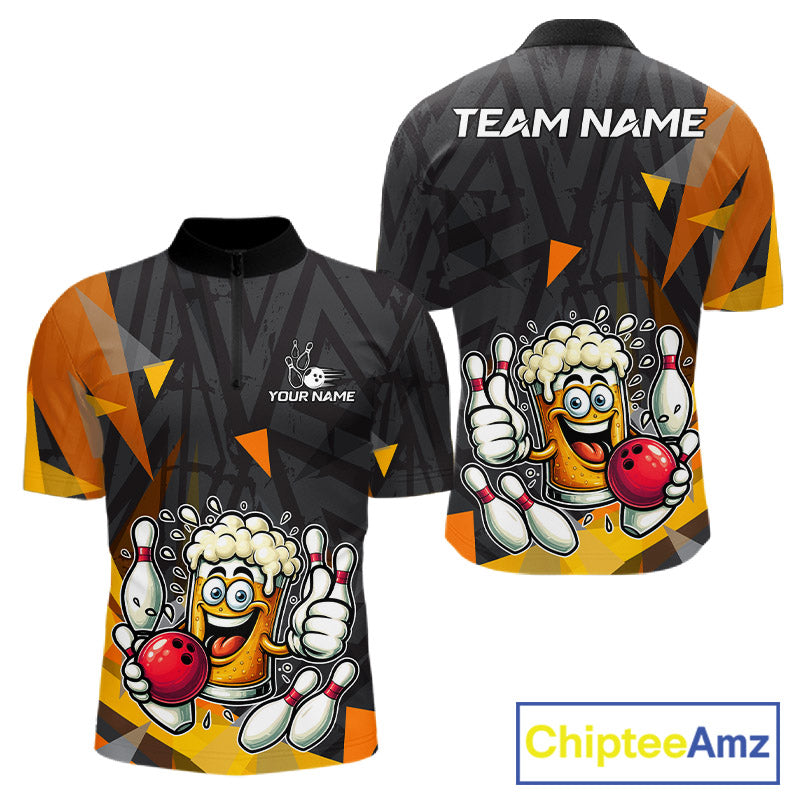 Black & Orange Funny Beer Bowling Shirt For Men Custom Beer Bowling League Polo & 1/4-Zip Jersey NYN4179