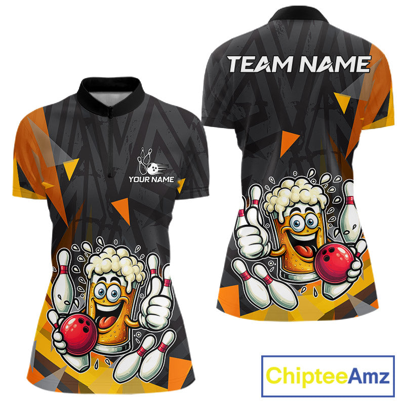 Black & Orange Funny Beer Bowling Shirt For Women Custom Beer Bowling League Polo & 1/4-Zip Jersey NYN4179