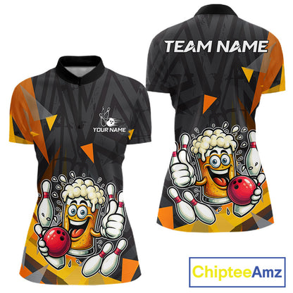 Black & Orange Funny Beer Bowling Shirt For Women Custom Beer Bowling League Polo & 1/4-Zip Jersey NYN4179