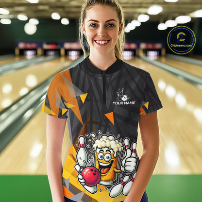 Black & Orange Funny Beer Bowling Shirt For Women Custom Beer Bowling League Polo & 1/4-Zip Jersey NYN4179
