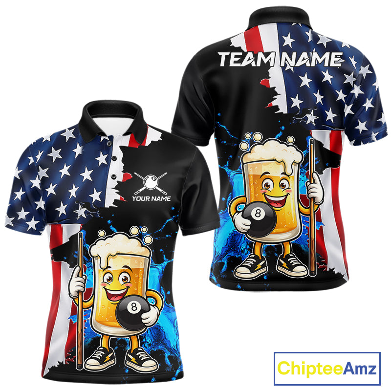 Custom Funny Beer 9 Ball Pool Billiard Shirt For Men US Flag Patriotic Billiard Team Billiard Jersey NYN4181