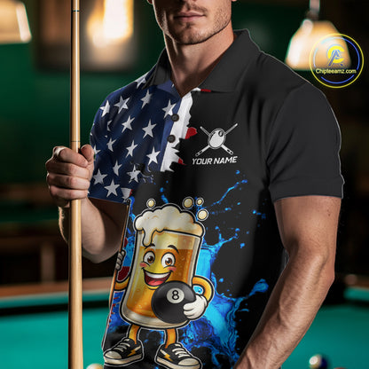 Custom Funny Beer 8 Ball Pool Billiard Shirt For Men US Flag Patriotic Billiard Team Billiard Jersey NYN4180