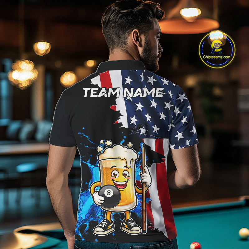 Custom Funny Beer 8 Ball Pool Billiard Shirt For Men US Flag Patriotic Billiard Team Billiard Jersey NYN4180