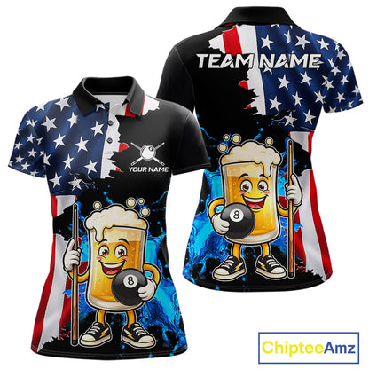 Custom Funny Beer 8 Ball Pool Billiard Shirt For Women US Flag Patriotic Billiard Team Billiard Jersey NYN4180